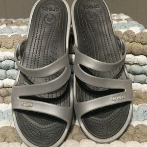Silver slide on crocs sandals